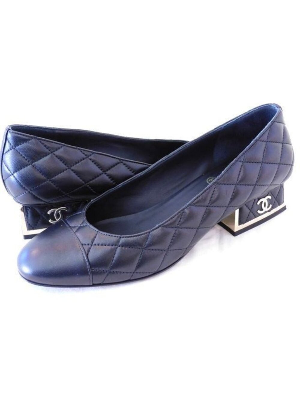 Chanel Pumps Black Leather CC Logo Quilted Shoes